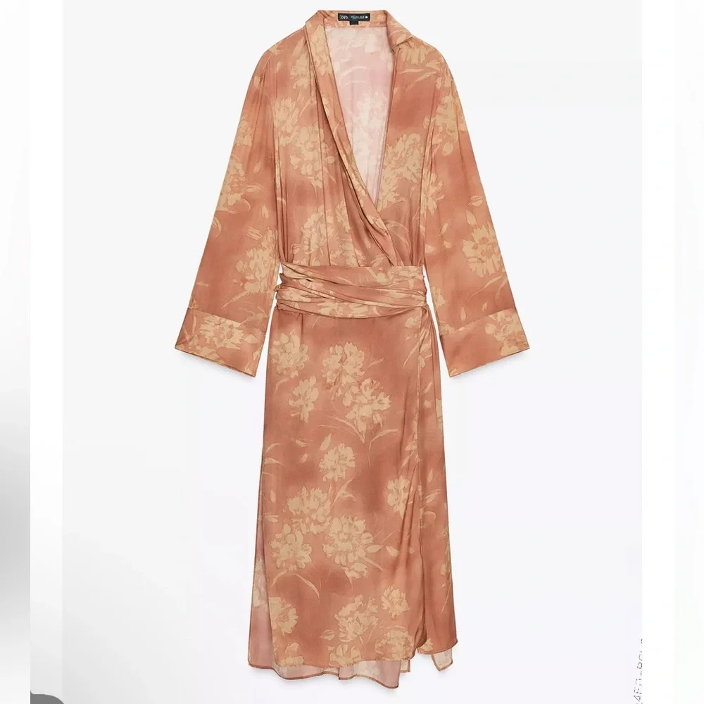 Zara NWT wrap tie floral print kimono maxi dress ZW COLLECTION yellow orange